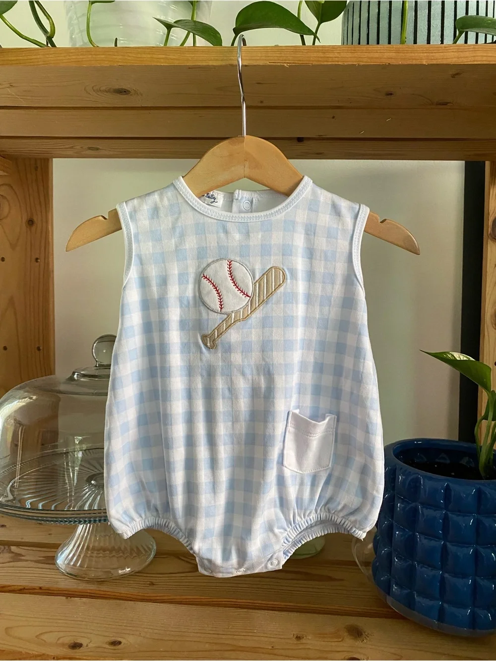 Magnolia Baby Blue Gingham Baseball Appliqué Bubble Romper 6 months
